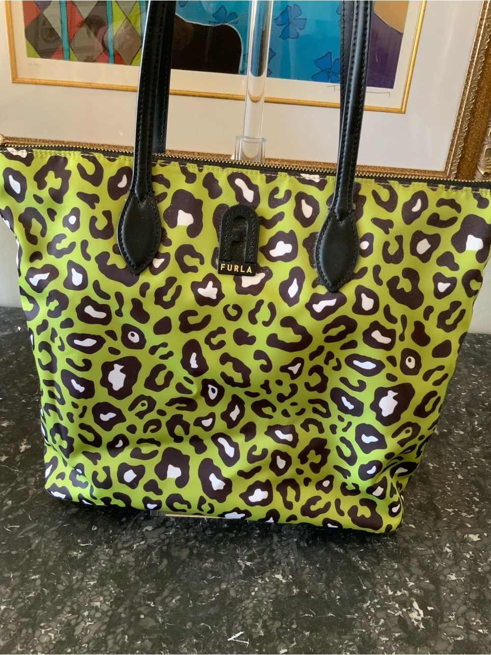 Furla Leopard Cheetah Print Avocado Green Large Nylon Tote Carried Once Perfect - Picture 2 of 4